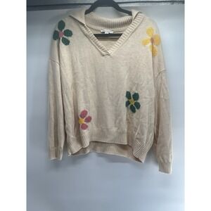 Women's Cato Tan Knit Sweater V Neck Embroidered Flowers XL
